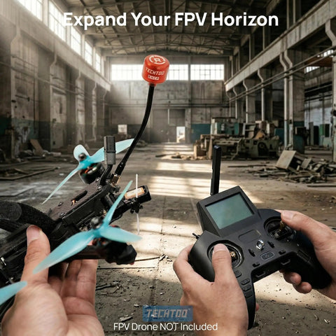 RHCP FPV Antenna for Racing Drones 5.8G 2.3dBi with SMA Male Connector attached to drone in industrial setting