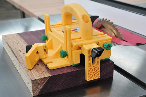 GRR-Ripper 3D Pushblock System for Safety, Precision and Control with 3-Dimensional Force on table saw with wood piece