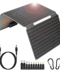 Foldable 30W Solar Panel Kit with 18V ETFE Panels USB 3 0 Type C and DC Outputs, cables and accessories displayed