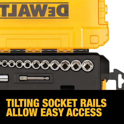 Boss 34 Piece Socket Set With Quarter Inch And Three Eighth Inch Drives In Locking Stackable Case with sockets visible