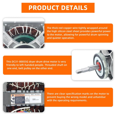 Close-up of Drop In Dryer Induction Motor 120V 60Hz 1630 RPM One Third HP Left Hand Thread for Samsung Kenmore Dryers details