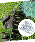 Durable Lawn Aerator Spike Shoes with metal pegs, green platform, black straps on grass, additional metal pegs shown.