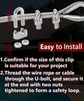 20 Pcs 1/8 Inch M3 Stainless Steel Wire Rope Cable Clips Clamp Set For DIY Rigging Handyman Projects shown with installation steps.