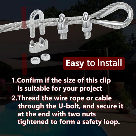 20 Pcs 1/8 Inch M3 Stainless Steel Wire Rope Cable Clips Clamp Set For DIY Rigging Handyman Projects shown with installation steps.