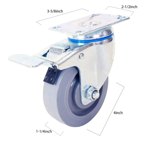 4 Inch Swivel Caster With Total Lock Brake And Non Marking Soft Gray Rubber TPR Wheel Hella Smooth Rolling Heavy Duty Steel Plate Mount For Carts And Home Office Gear