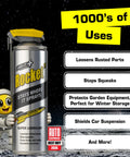 All-In-One Multi-Purpose Lubricant Spray For Rusted Bolts, Tools, Bikes And Garden Gear, Penetrating Oil And Anti-Corrosion Spray With Water-Resistant Coating, Loosens Squeaks, Frees Sticky Locks, Cleans Surfaces, 15.2 Fluid Ounces with uses listed on black background.