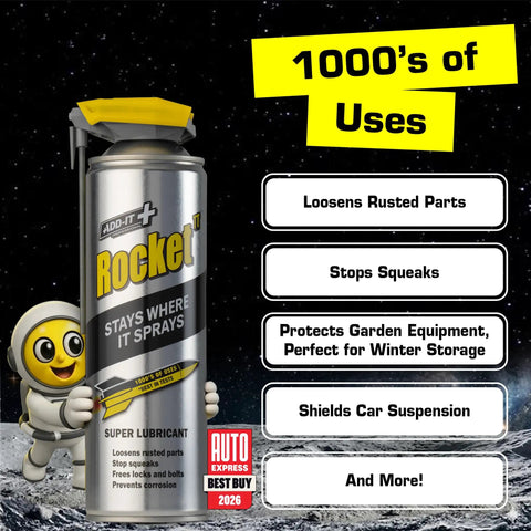 All-In-One Multi-Purpose Lubricant Spray For Rusted Bolts, Tools, Bikes And Garden Gear, Penetrating Oil And Anti-Corrosion Spray With Water-Resistant Coating, Loosens Squeaks, Frees Sticky Locks, Cleans Surfaces, 15.2 Fluid Ounces with uses listed on black background.