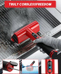 Using Beast 800 RPM Cordless Grill Scrubber With LED Light on gas grill grate, red design, waterproof cover, LED display visible