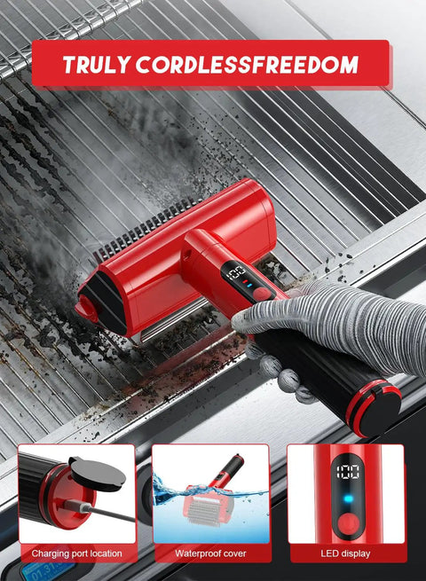 Using Beast 800 RPM Cordless Grill Scrubber With LED Light on gas grill grate, red design, waterproof cover, LED display visible