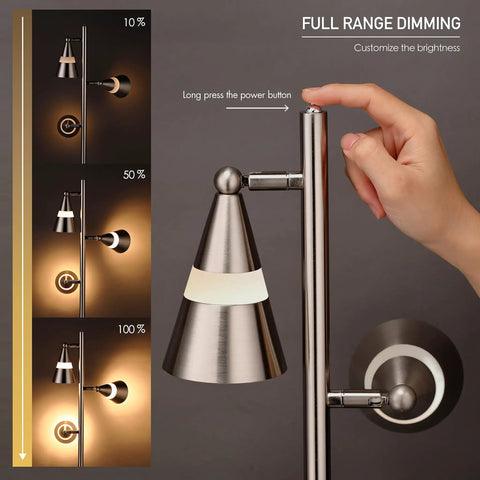 Demonstration of Ash 3 Light LED Tree Floor Lamp with dimmable swivel cone head in brushed nickel finish.