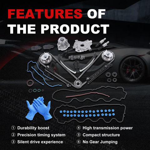 Beefed Up Timing Chain Kit With Oil Pump And Water Pump For 5.4L V8 Ford Trucks displayed with gaskets, gloves, and chain parts.