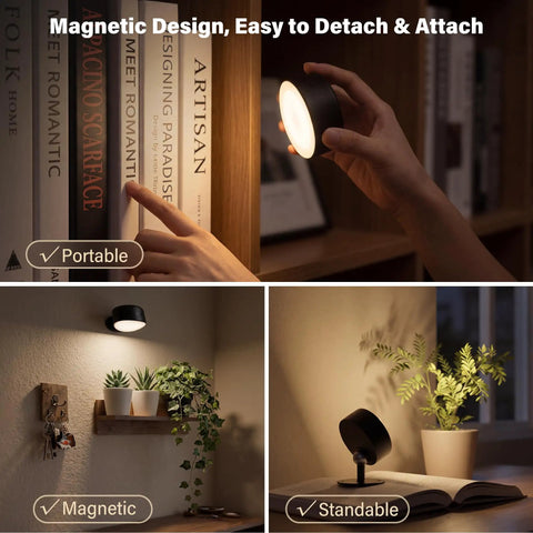 Battery Operated Wall Sconce 2 Pack, Rechargeable Wall Lights for Bedroom, showcasing magnetic and standable designs in use.