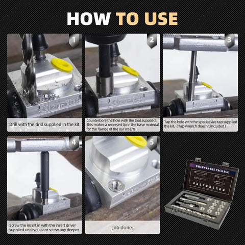 Step-by-step guide to using an M12X1.5 Thread Repair Kit With Stainless Steel Inserts For Stronger Threads Includes Drill Tap Counterbore Install Driver And Ten Inserts In A Custom EVA Case For Quick Easy Repairs.