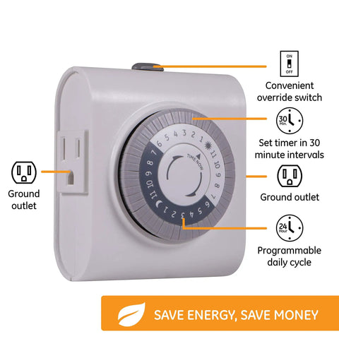 24 Hour Mechanical Outlet Timer Switch with Dual Grounded Plug In Control and Easy Pushpin Scheduling, showing dial and outlet.