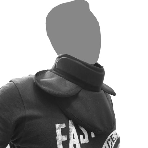 Person wearing Tough As Nails Hema Throat Guard Gorget with Air Mesh Comfort and 350N Puncture Resistant Fabric