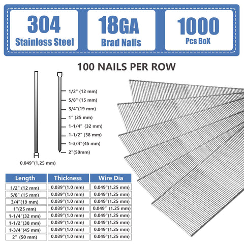 Chart showing dimensions of 18 Gauge Brad Nails 304 Stainless Steel Three Quarter Inch 1000 Pack For Pneumatic And Electric Brad Nailer Gun