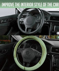 Upgrade Your Whip With This Fresh Green Patterned Steering Wheel Cover Crafted From Soft PU Leather Patchwork for stylish car interior.