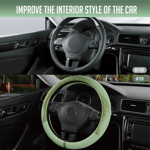 Upgrade Your Whip With This Fresh Green Patterned Steering Wheel Cover Crafted From Soft PU Leather Patchwork for stylish car interior.