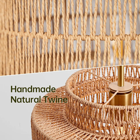 Close-up of Downright Stunning Handwoven Rattan Pendant Light That Definitely Gives A Super Chill Boho Vibe, showcasing natural twine details.
