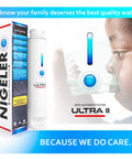 Ultra II Refrigerator Water Filter Replacement with EPTWFUO1 box and child drinking clean water