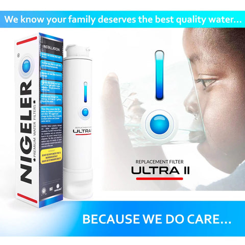 Ultra II Refrigerator Water Filter Replacement with EPTWFUO1 box and child drinking clean water