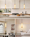 Omgomne Natural Spanish Alabaster Pendant Light 11.8 inch in kitchen, dining, and bedside settings with soft glow.