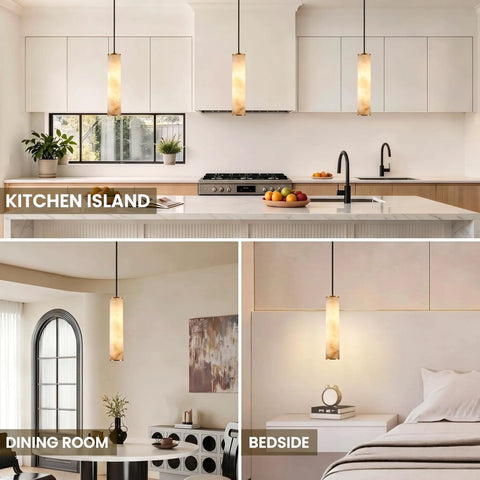 Omgomne Natural Spanish Alabaster Pendant Light 11.8 inch in kitchen, dining, and bedside settings with soft glow.
