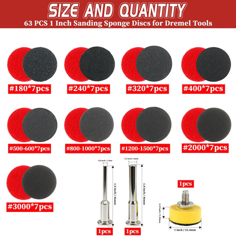 63 Piece 1 Inch Sanding Discs Kit With Hook And Loop For Drill Shanks 1 Eighth And 1 Quarter Inch Wet Dry Pads showing grit range and quantity.