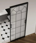 Hardcore Interior Sliding Barn Door Featuring Textured Reeded Glass Panels And Matte Black Frame Hidden Wall Track Kit Saves Wall Space And Moves Like Butter In Any Room Setup.