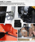 Built Tough 9 Piece Impact Socket Adapter Set For Drill used for automotive and household repairs, showing multiple applications