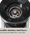 Close-up of stainless steel burrs in Barista Grade Conical Burr Electric Coffee Grinder With 12 Oz Capacity, 15 Grind Settings