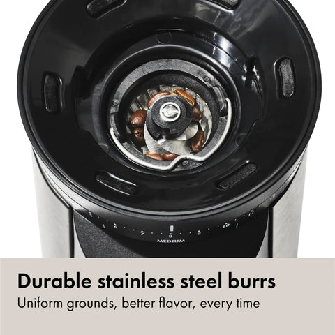Close-up of stainless steel burrs in Barista Grade Conical Burr Electric Coffee Grinder With 12 Oz Capacity, 15 Grind Settings