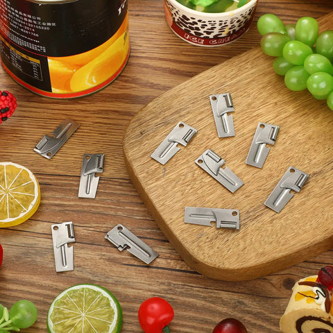 40 Pack Manual Stainless Steel Can Openers for Camping and Travel displayed on a wooden board and table