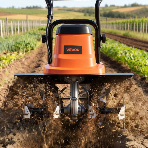 Corded Electric Tiller With 18 Inch Tilling Width, 13.5 Amp Heavy Duty Rototiller Cultivator showing soil tilling in a garden