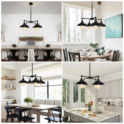 Four Light Black Kitchen Island Pendant Light with dope industrial farmhouse style in various dining and kitchen settings.