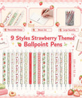 108 Pink Strawberry Themed Retractable Ballpoint Pens Bulk Set With 9 Styles glittery office supplies layout.