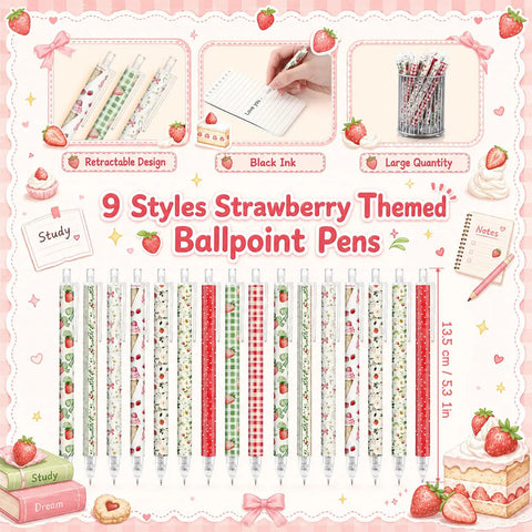 108 Pink Strawberry Themed Retractable Ballpoint Pens Bulk Set With 9 Styles glittery office supplies layout.