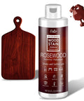 Rosewood Water Based Wood Stain For Indoor And Outdoor Furniture Non Toxic Fast Drying Cabinet Varnish Eco Friendly Low Odor Wood Finish No Sweat Formula 8 5 Fl Oz in bottle next to stained wood sample.