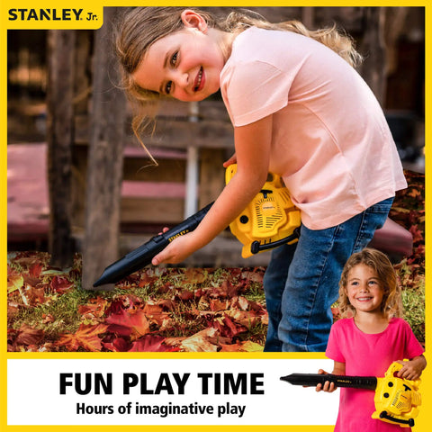 Child using Red Toolbox Junior Battery Operated Blower Toy For Kids With Realistic Sound And Action, 3 AA Batteries Included.
