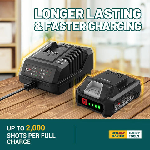 Battery charger for Cordless 2 In 1 Nail Gun And Brad Nailer with 20V Max 2Ah, shown with longer lasting and faster charging features.