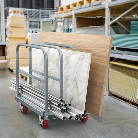 Beast 2 In 1 Drywall Cart Heavy Duty Platform Cart with steel frame in warehouse, loaded with panels and pipes.
