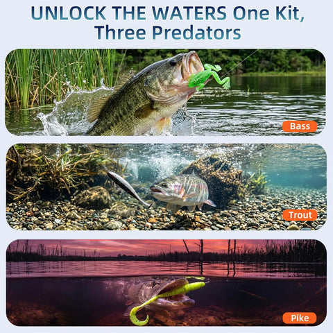 All In One Fishing Kit With Tackle Box 193 Piece Set including lures for bass, trout, and pike fishing, underwater views.