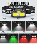Two-Pack Rechargeable LED Headlamp With 1300 Lumen Ultra-Bright White Beam Plus Red And Green Beams; seven lighting modes displayed