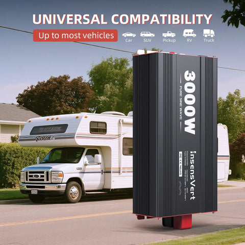 3000 Watt Pure Sine Wave Power Inverter From 12V DC To 120V AC With Two AC Outlets next to an RV on a sunny road