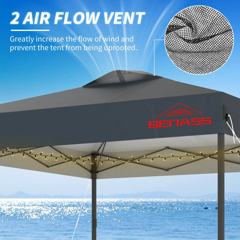 Grey 10x10 Pop Up Canopy With Sidewalls For Parties And Events showing airflow vent detail and sturdy frame