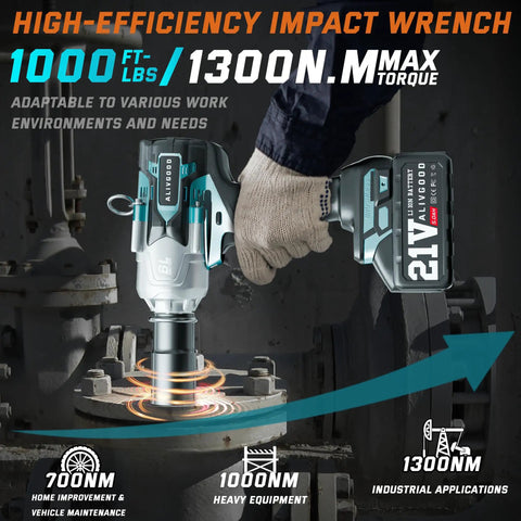 Heavy Hauler Cordless Impact Wrench Dropping 1300 Nm Of Boss Level Torque 1/2 Inch Drive Electric Tool with battery in use on machinery.