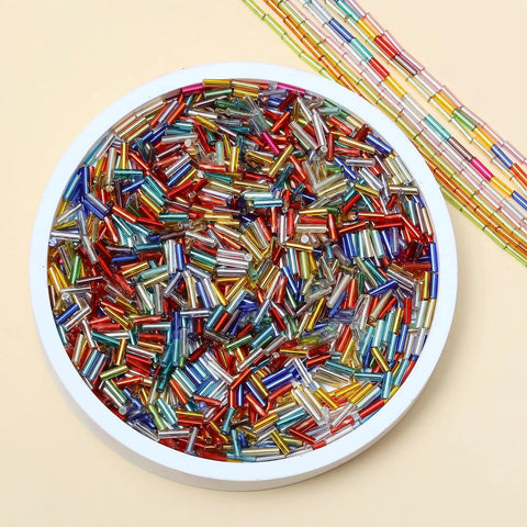Glass Bugle Beads Bulk 4200 Pcs 2x6mm mixed colors in round dish for jewelry making and crafts