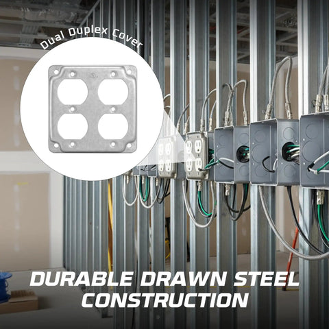 Heavy Duty 4x4 Inch Electrical Junction Boxes With Covers, 21 Cu In Capacity, One And A Half Inch Deep Steel Outlet Boxes, Bulk Pack Double Duplex Receptacle And Cover Plates, UL Listed For Home And Commercial Install, dual duplex steel cover