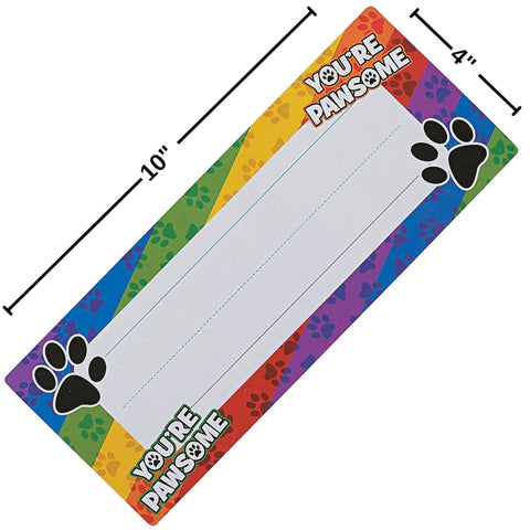 Colorful 10x4 inch Paw Print Desk Plates for Classrooms, durable cardstock, featuring 'You're Pawsome' text and paw prints.