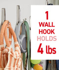 Large Satin Brass Double Hooks with Adhesive Strips on wall holding bags, 1 hook holds 4 lbs text, damage free hanging solution.